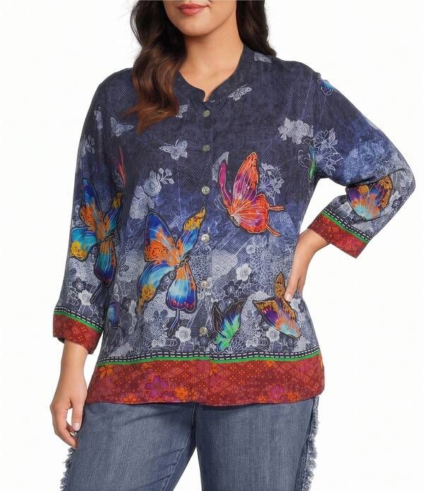 ジョン マーク レディース トップス シャツ フラワー柄 プラスサイズ プリント フラワー John Mark Plusize Woven Allover Butterfly Floral Print ButtonFrontunic Multi マルチカラー