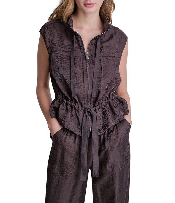 ダナキャラン レディース アウター ベスト モックネック ノースリーブ DKNY by Donna Karan Coordinating Twinkle Mock Neck Sleeveless Zip Front Peplum Vestobacco