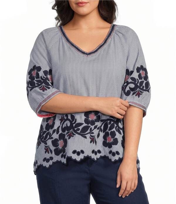 ジョン マーク レディース トップス シャツ フラワー柄 プラスサイズ フラワー John Mark Plusize Stripe Floral Appliquembroidery Eyelet Scalloped Hem Top NavyMulti ネイビー