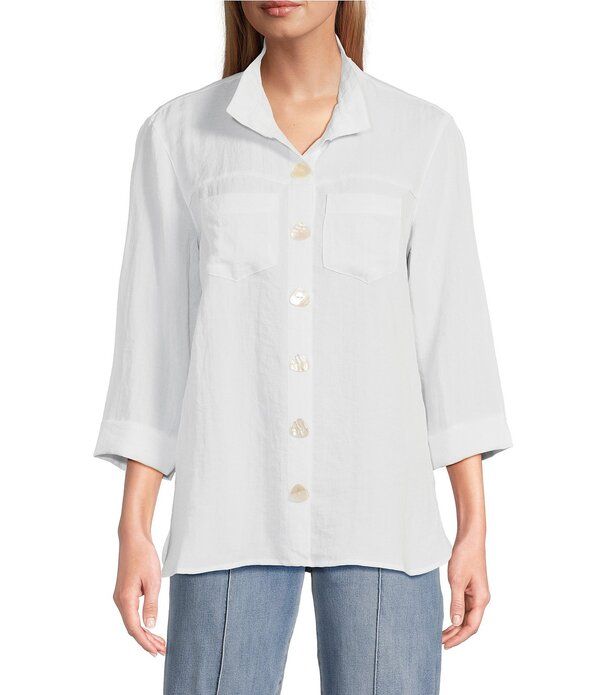ジョン マーク レディース トップス シャツ John Mark Solid Woven 34 Sleeve Wire Collared Button Front Patch Pocket Camp Shirt White ホワイト