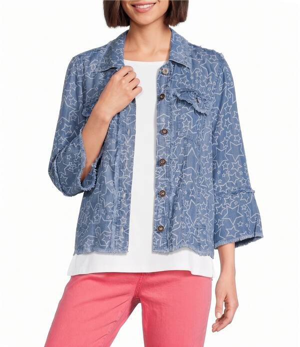 マルチプルズ レディース アウター コート プリント デニム ジャケット Multiples Denim Print Point Collar 34 Flounce Sleeve Button Front Jacket Light Indigo Print イ