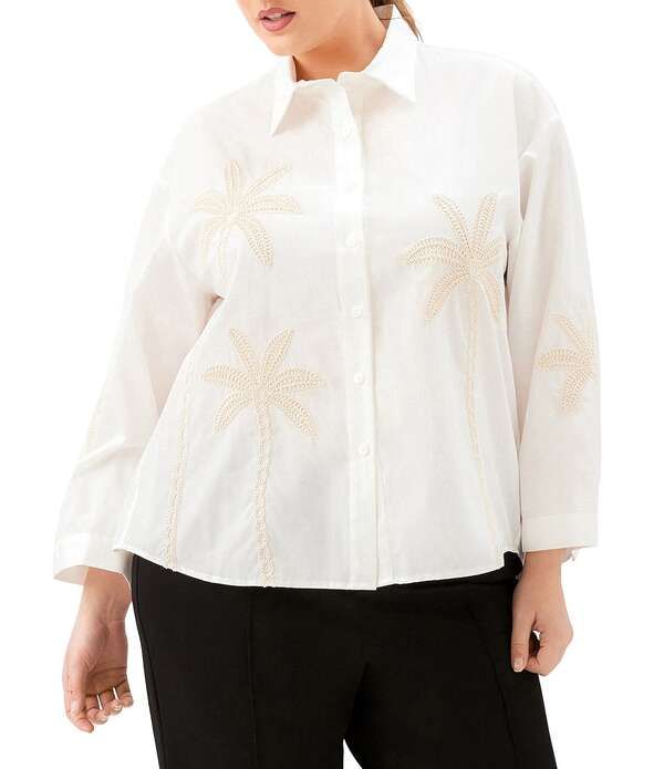 カレンケーン レディース トップス シャツ プラスサイズ 刺繍 Karen Kane Plusizembroidered Palm Tree ButtonFront Shirt Off White オフホワイト