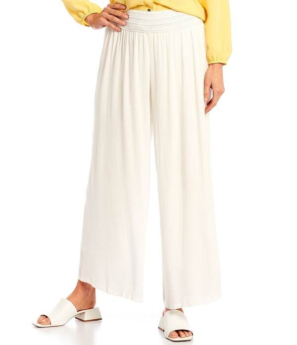 アイエヌ スタジオ レディース ボトムス カジュアルパンツ ワイドレッグ プチ IN Studio Petite Size Solid Creponovelty Elastic Waist Wide Leg PullOn Pants Off White オフホ