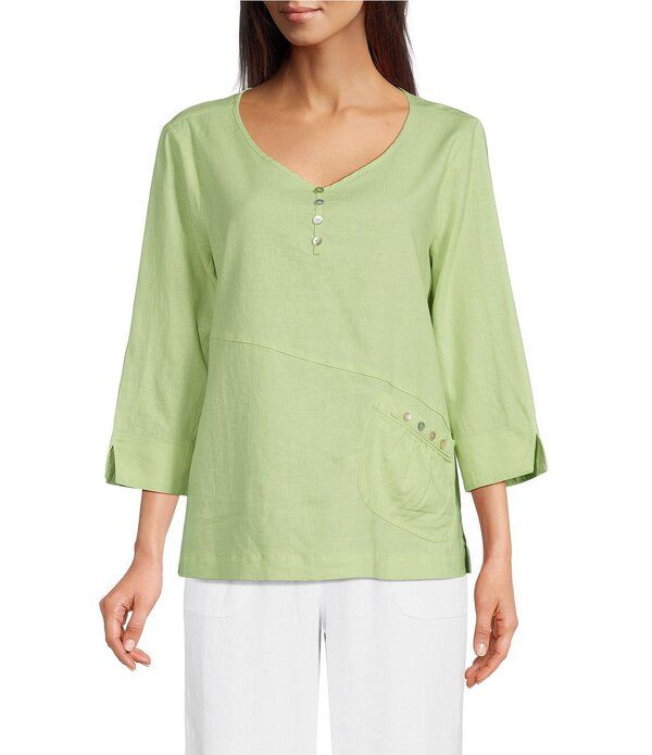 アリ マイルス レディース トップス シャツ リネン Ali Miles LinenBlend Round Neck 34 Sleeve Top Lime ライム