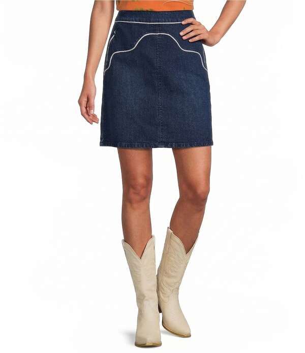 レバ レディース ボトムスカート A ライン コントラスト デニム Reba Denim Contrast Piping ALine Coordianting Skirt Dark Wash デニム