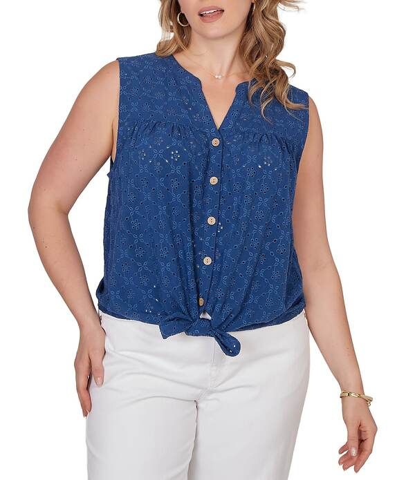 ルビーアールディー レディース トップス シャツ Vネック プラスサイズ ノースリーブ Ruby Rd Plusize Woven Split VNeck Sleeveless Button TieFront Eyeletop Bright Navy ネイビー