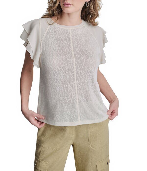 ダナキャラン レディース トップス シャツ クルーネック キャップ DKNY by Donna Karan Mixed Media Crew Neck Cap Flutter Sleeve Top Coconut