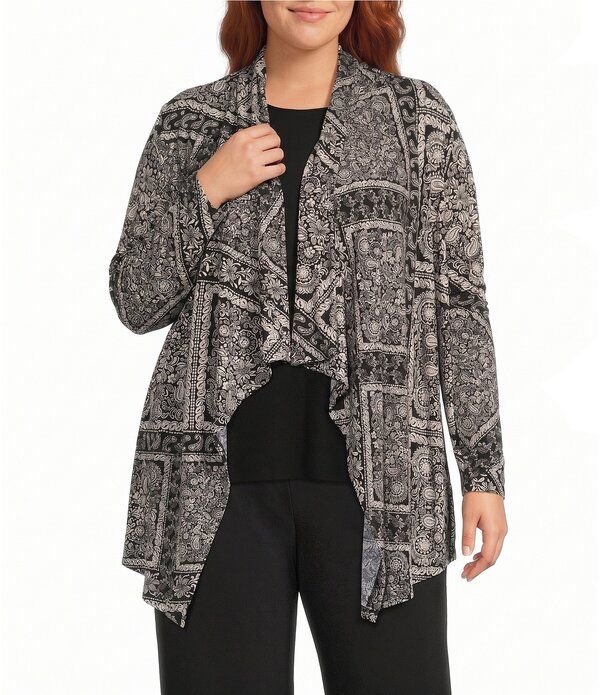 インベストメンツ レディース アウター コート プラスサイズ ジャケット Investments Plusize Soft Separates Bias Geo Long Sleeve Open Front Jacket Bias Geo
