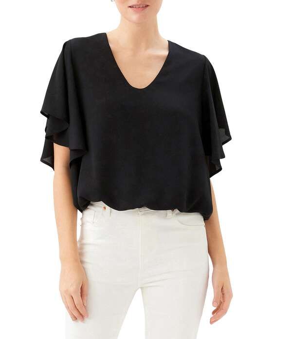 カレンケーン レディース トップス シャツ Vネックレープチ シルク Karen Kane Petite Size Silky Crepe VNeck Short Sleeve Top Black ブラック