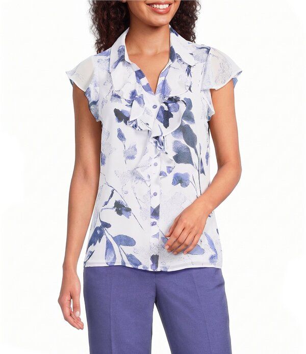 カルバンクライン レディース トップス シャツ シフォン フラワー柄 フリル ブラウス フラワー Calvin Klein Floral Chiffon Flutter Sleeve Point Collaruffle Button Front Blouse