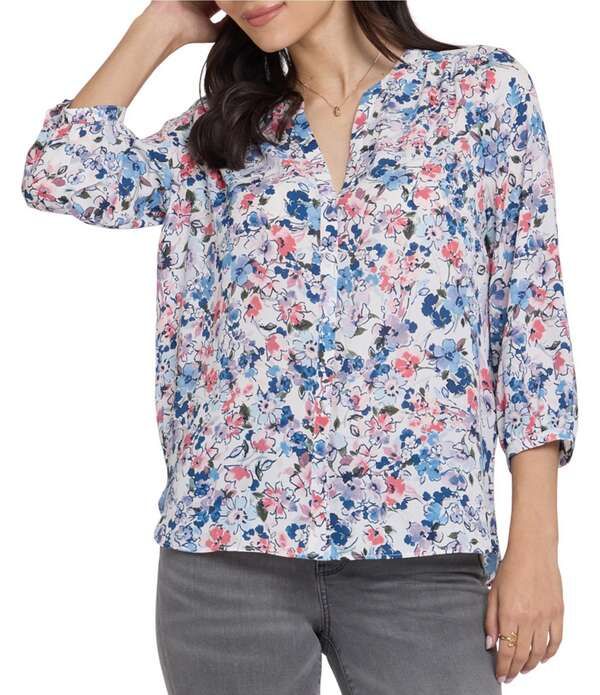 エヌワイディージェイ レディース トップス シャツ ブラウス NYDJ Split Round Neck 34 Sleeves Pintuck Blouse Desert Bloom