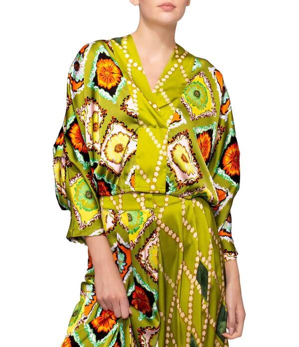 メロデイ レディース トップス シャツ Vネック プリント サテン コントラスト MELLODAY Coordinating Satin Contrast Mixed Print Surplice VNeck 34 Gathered Kimono Sleeve