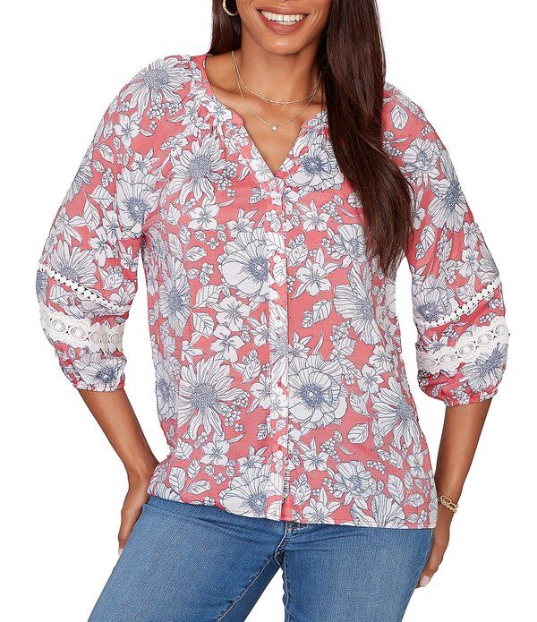 ルビーアールディー レディース トップス シャツ Vネック フラワー柄 シルク ブラウス レース フラワー Ruby Rd Silky Gauze Woven Floral Split VNeck 34 Lace Inset Sleeve Blouse Red