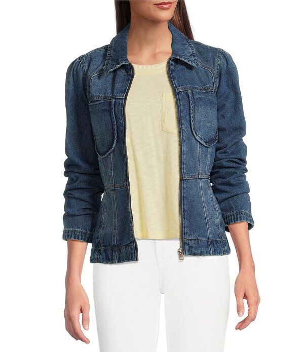 デモクラシー レディース アウター コート デニム ジャケット Democracy Point Collar Long Sleeve Peplum Denim Jacket Blue ブルー
