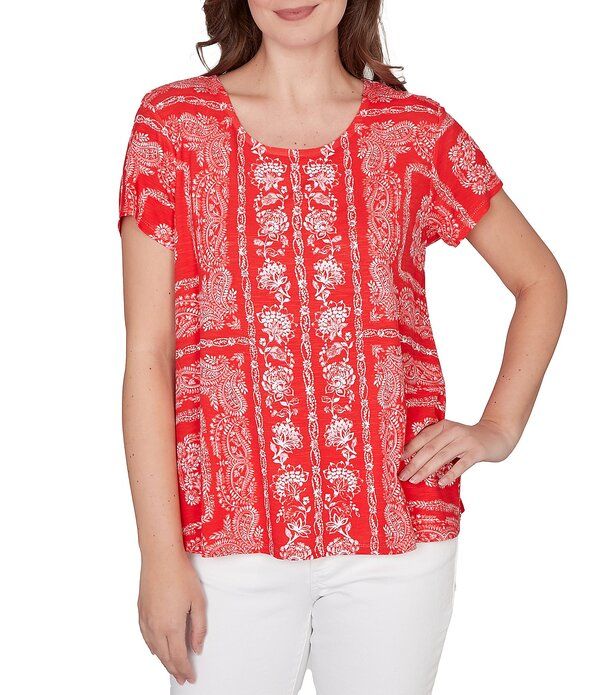 ルビーアールディー レディース トップス シャツ プチ ニット Ruby Rd Petite Size Soft Knit Bandana Scoop Neck Short Sleeve Top Red Multi レッド