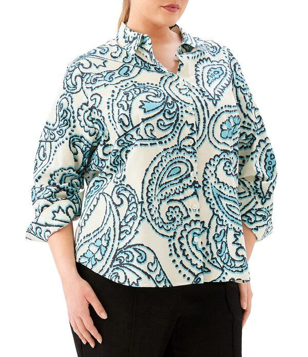 カレンケーン レディース トップス シャツ プラスサイズ ギャザー Karen Kane Plusize Paisley Point Collar 34 Ruched Sleeve ButtonFront Shirt Print