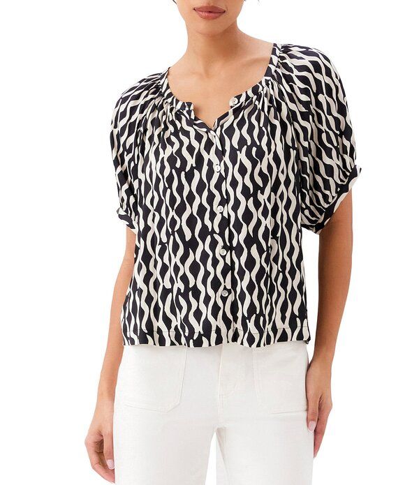 カレンケーン レディース トップス シャツ プチ サテン Karen Kane Petite Size Satin Sleek Wavy Stripe Scoop Neck Short Sleeve Peasantoprint ストライプ 30,420円