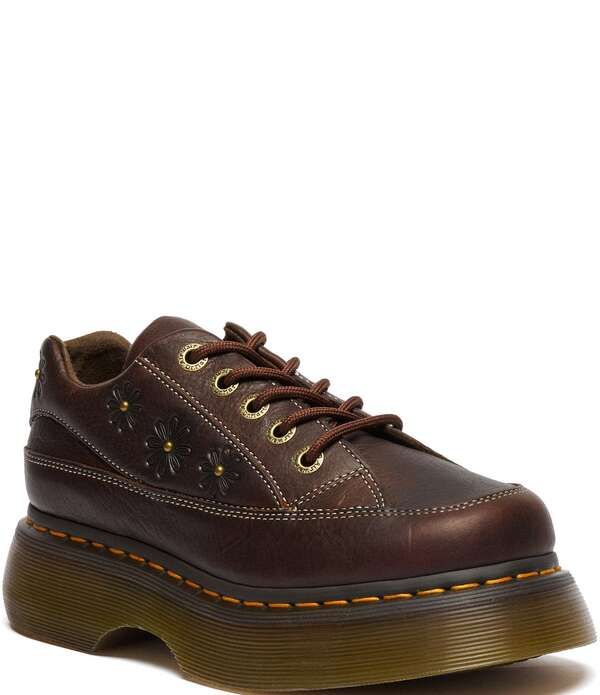 ドクターマーチン レディース シューズ オックスフォード プラットフォーム レザー Dr Martens Womens Buzz 5Eye Grizzly Leather Flower Studded Platform Oxfords Dark Brown ブ