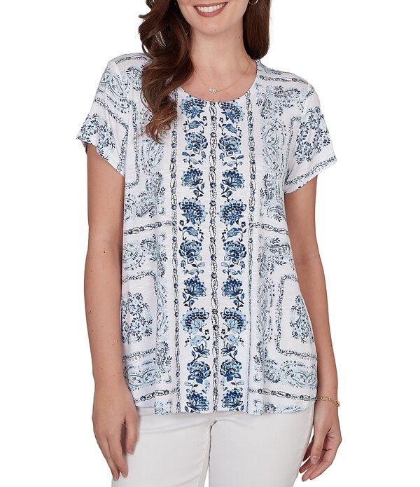 ルビーアールディー レディース トップス シャツ プチ ニット Ruby Rd Petite Size Soft Knit Bandana Scoop Neck Short Sleeve Toporcelain Blue Multi ブルー