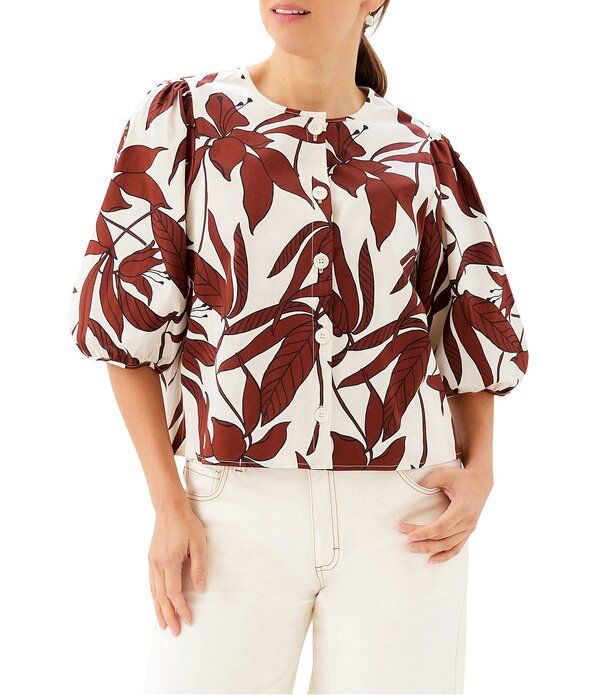 カレンケーン レディース トップス シャツ Karen Kane Coordinating Coco Bloom Stretch Woven Scoop Neck Short Puff Sleeve Button Front Shirt Print