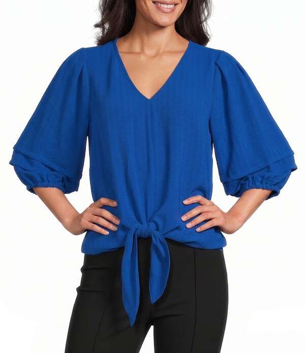 インベストメンツ レディース トップス シャツ Vネック Investments Textured Stripe Tie Front VNeck 34 Sleeve Top Lapis Blue ブルー