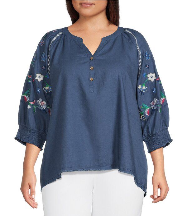 アリ マイルス レディース トップス シャツ Vネック フラワー柄 プラスサイズ フラワー Ali Miles Plusize Woven Split VNeck 34 Floral Embroidery Sleeve Top Blue ブルー