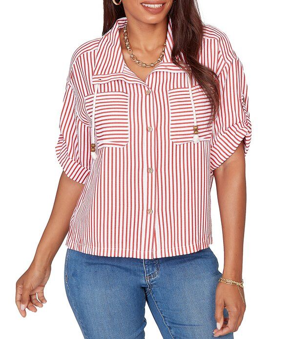 ルビーアールディー レディース トップス シャツ ジャケット Ruby Rd Spliced Stripe Spread Collar 34 RollTab Sleeve ButtonFront Jacket RedWhite ホワイト