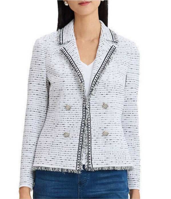 ミンウォン レディース アウター コート プチ ニット ジャケット Ming Wang Petite Knit Eyelash Trim Notch Lapel Bracelet Sleeve Jacket WhiteIndigo ホワイト