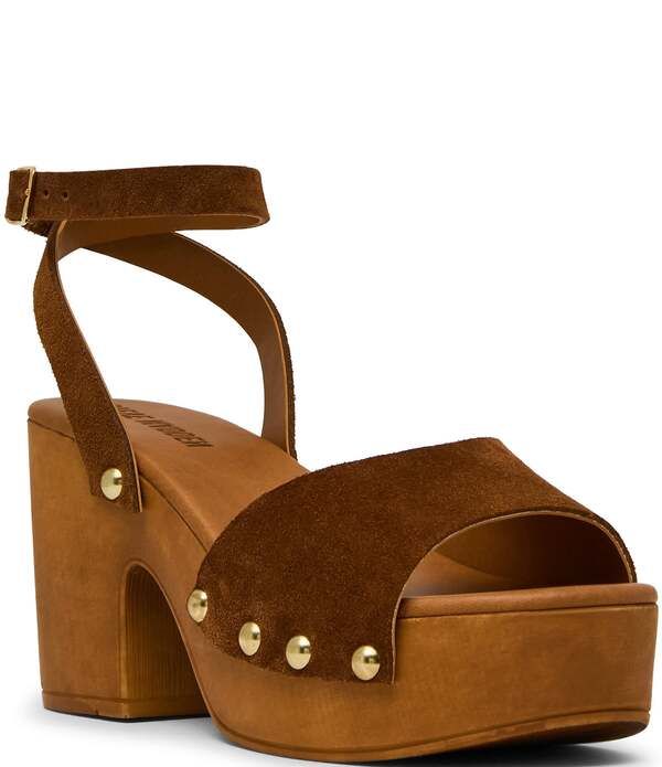 スティーブ マデン レディース シューズ ヒール プラットフォーム サンダル スエード Steve Madden Kealey Suede Studded Wood Platform Block Heel Sandals Chestnut