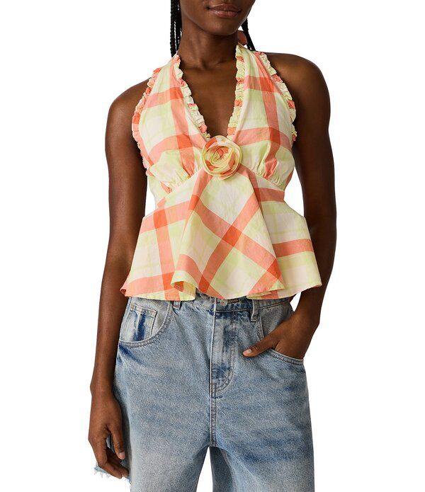 スティーブ マデン レディース トップス シャツ ノースリーブ ホルター Steve Madden Tania Rosette Plaid Halter Neck Tie Back Sleeveless Toplaid チェック