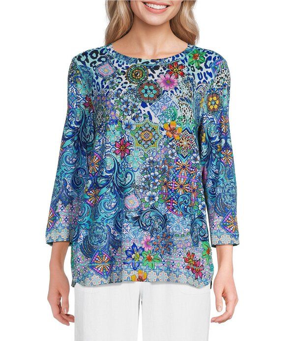 アリ マイルス レディース トップス カットソー プチ プリント Ali Miles Petite Size Pink Multi Print Round Nek 34 Sleeve Tunic Multi マルチカラー