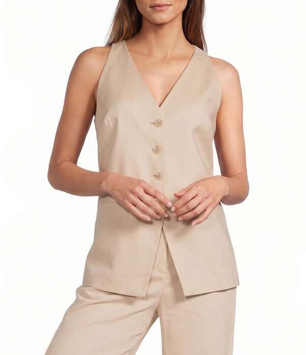 アントニオ メラーニ レディース トップス シャツ Vネック ベスト ノースリーブ Antonio Melani Josie VNeck Sleeveless Button Front Vest Light Camel キャメル