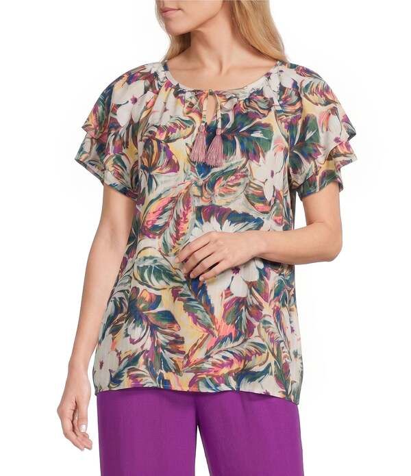 アリソン デイリー レディース トップス シャツ Vネック フラワー柄 プチ プリント フリル フラワー Allison Daley Petite Size Floral Print Short Ruffle Sleeve Tassel VNeck Top M