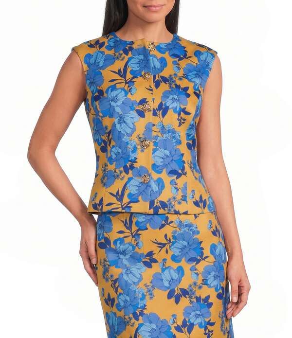 プレストンアンドヨーク レディース アウター ベスト プリント ノースリーブ リネン Preston York Coordinating Ivette Jewel Neckline Sleeveless Printed Stretch Linen Vest G