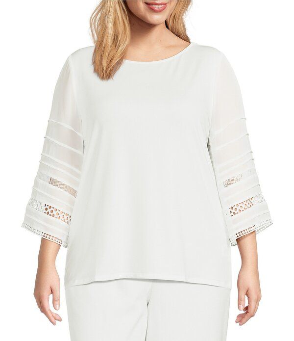 カスパール レディース トップス シャツ プラスサイズ プリーツ Kasper Plusize Round Neck 34 Pleated Bell Sleeve Top Lily White ホワイト