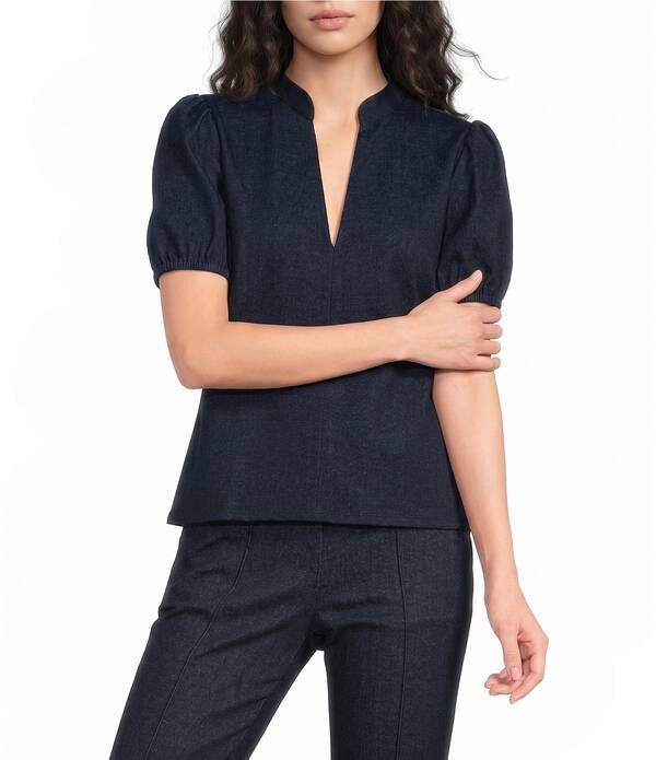 ジュードコーナリー レディース トップス シャツ Vネック デニム Jude Connally Coco Denim Band Collar VNeck Short Puff Sleeve Top Navy ネイビー