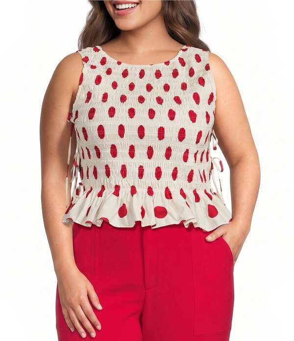 ルーシーパリ レディース トップス シャツ ドット柄 ドット プラスサイズ ノースリーブ シャーリング Lucy Paris Plusize Maeve Polka Dot Boat Neck Sleevelessmocked Poplin Top RedCr
