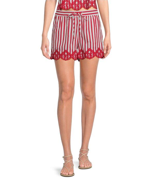 スカイズアブルー レディース ボトムス ハーフパンツ・ショーツ プリント ショートパンツ 刺繍 Skies Are Blue Striped Print Embroidered Scalloped Hem Coordinating Shorts RedWhit