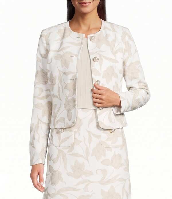 カール ラガーフェルド レディース アウター コート プリント ジャケット KARLAGERFELD PARIS Woven Jacquard Print Round Neck Long Sleeve Lady Coordinating Jacket Soft