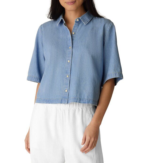 エイリーンフィッシャー レディース トップス シャツ コットン デニム Eileen Fisher Organicotton Denim Point Collar Elbow Sleeve ButtonFront Shirt Light Wash デニム