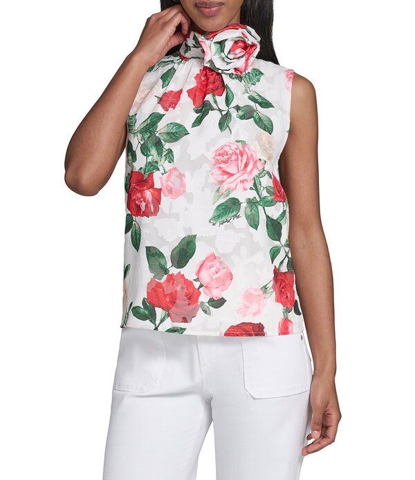 カール ラガーフェルド レディース トップス シャツ モックネック シフォン プリント ノースリーブ KARLAGERFELD PARIS Woven Chiffon Print Mock Neck Sleeveless Rosette Clip Tank S
