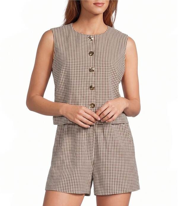 アントニオ メラーニ レディース トップス シャツ ギンガムチェック ベスト ノースリーブ ギンガム Antonio Melani Maria Gingham Sleeveless Button Front Coordinating Vest Chocolat