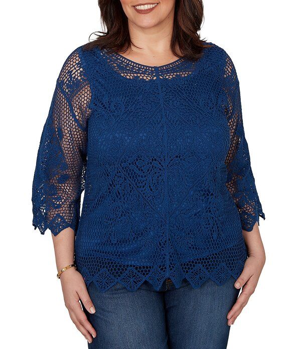 ルビーアールディー レディース トップス シャツ プラスサイズ レース Ruby Rd Plusize Medallion Crochet Lace Scoop Neck 34 Sleeve Top Bright Navy ネイビー