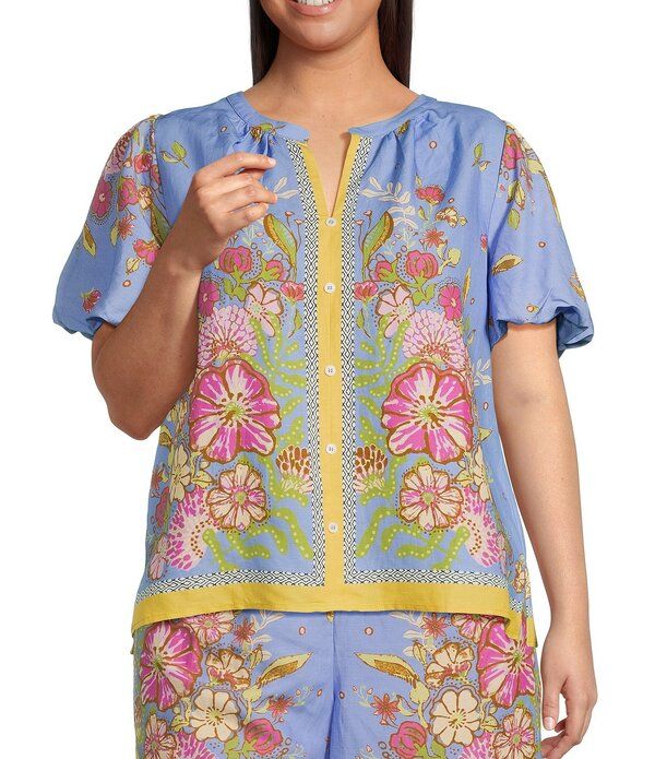スカイズアブルー レディース トップス シャツ フラワー柄 プラスサイズ ブラウス フラワー Skies Are Blue Plusize Coordinating Short Sleeve Floral Border Blouse Blue Multi ブル