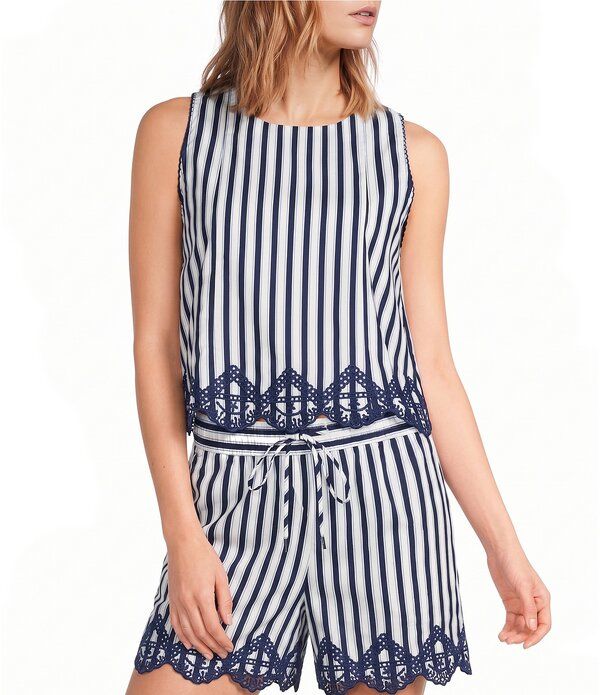 スカイズアブルー レディース トップス シャツ プリント ノースリーブ 刺繍 Skies Are Blue Striped Print Round Neck Sleeveless Embroidered Scalloped Hem Coordinating T