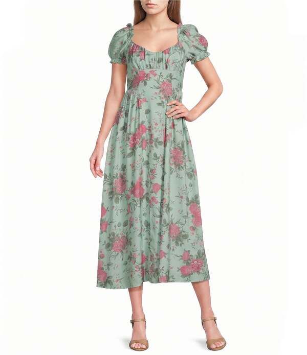 ミッドナイト ドール レディース トップス ワンピース フラワー柄 プリント マキシ フラワー Midnight Doll Floral Printed Square Neck Short Puff Sleeve Open Tie Back Maxi Dres