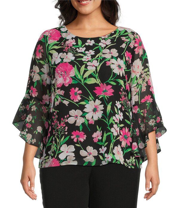 カスパール レディース トップス シャツ シフォン クルーネック フラワー柄 プラスサイズ フリル ブラウス フラワー Kasper Plusize Floral Chiffon Crew Neck 34 Ruffle Sleeve Blouse Black