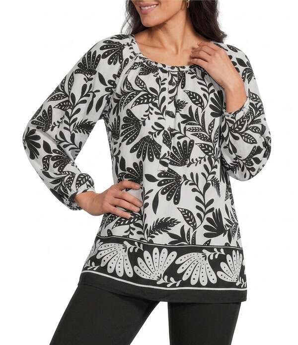 アリソン デイリー レディース トップス シャツ クルーネック プチ プリント ブラウス Allison Daley Petite Size Palm Border Print 34 Sleeve Partial Button Front Crew Neck