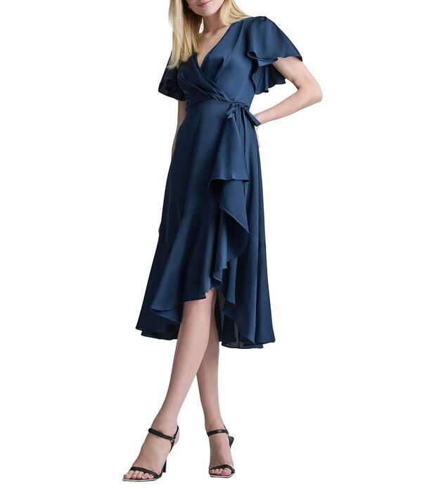 ダナキャラン レディース トップス ワンピース プチ ミディ DKNY By Donna Karan Petite Size Faux Wrap Flutter Sleeve Flounce Hemidi Dress Indigo インディゴ