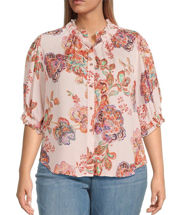 デモクラシー レディース トップス シャツ Vネック フラワー柄 プラスサイズ フラワー Democracy Plusize Woven Floral Paisley Split VNeck Elbow Sleeve ButtonFrontop Rose Pe